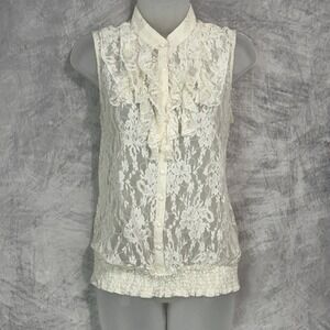 Cream Lace Ruffle Button High neck Top Womens Sz M Victorian Fairy Coquette twee